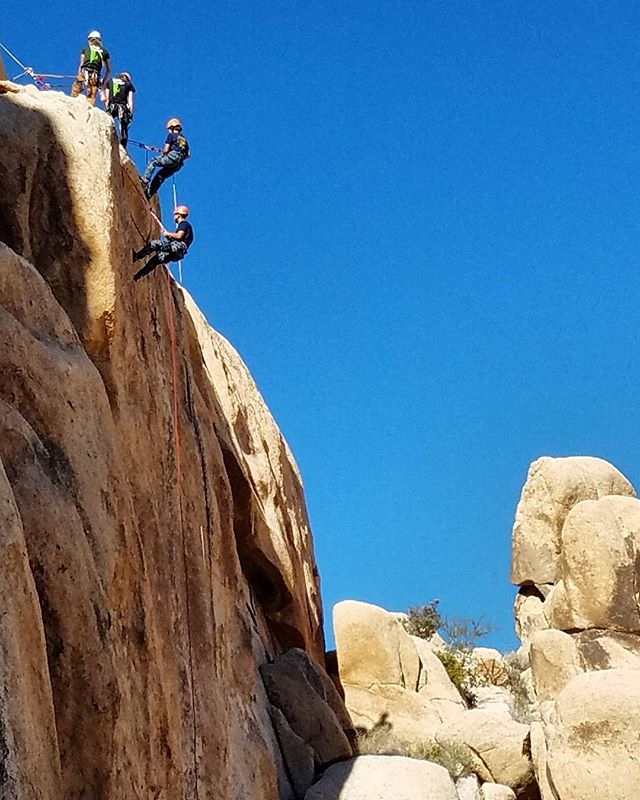 Awesome rock climbing program with the U.S. Naval Sea cadets in Joshua Tree National Park. Our students and guides had a blast on this epic rappel. The challenge was to get over the edge with a more than steep drop underneath. Thanks to @c.w.norwood and @the_cosmic_snakob who did the best job in coaching amd empowering. Great day