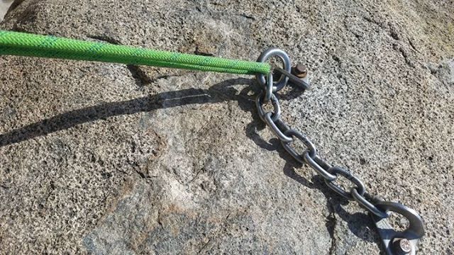 Great day out in San Diego teaching some rope skills. In this setup we used the actual rope as an anchor to take advantage of an already set rappel line. It allowed us to quickly descent right after the climb (without having to take any extra steps to rig the rappell). This system is very efficient in the following scenario: - single pitch climbing (or last pitch of a multi-pitch climb followed by a descent via rappelling off the same anchor)- rappell rings available- top belay directly off the anchor followed by a descent via rappelling off the same anchor- desire to move fast in a single pitch environmenthere is the step by step breakdown:1.leader leads pitch2. leader reaches two bolt anchor and clips PAS into each bolt (2anchor points - redundancy!) 3.leader calls "off belay"4. leader ties 5-10feet of rope off to harness to secure rope before untying (makes it impossible to drop rope after untying)5. leader unties from rope6.leader passes rope end through rap ring or rings7.leader ties a double overhand knot into the end that was just passed through the rappel ring/s (closing the system! avoids rappelling off the end of the rope)8. leader pulls rope though the rappel rings to the middle mark of the rope (longest possible rappel!)9. leader folds up the rope right by the rappel ring to then tie an overhand knot on a bite "BHK - big honking knot" - this loop/bite is the master point now!10. leader pulls in remaining rope (in case the route is shorter than half the rope length) until follower calls "its me!"11. leader rigs belay device to rope (here we used a GriGri but any tubular device in plaquette mode would work too, such as ATC guide or Petzl reverso or many others)12. leader clips belay device to masterpoint and locks the carabiner13. leader calls "on belay" and follower calls "climbing"14. follower follows while leader belays15. when follower reaches the anchor - the rappel is already set up